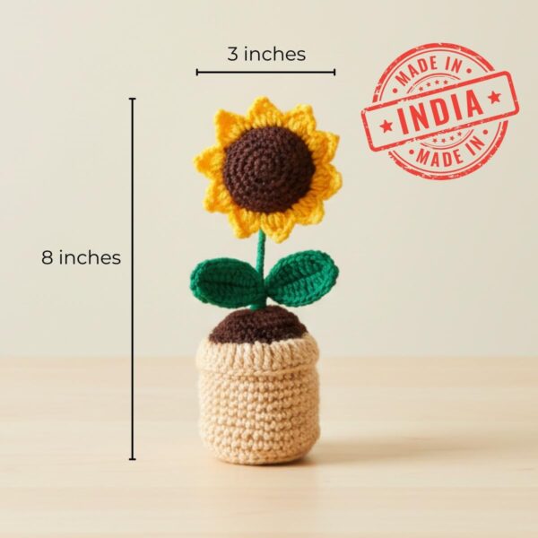 Greenkin Handmade Crochet Sunflower with Pot (Big) | Artificial Flowers for Car Dashboard, Office Table, Home Decor, Gifting | Knitted Crochet Flower | Artificial Sunflower Plant