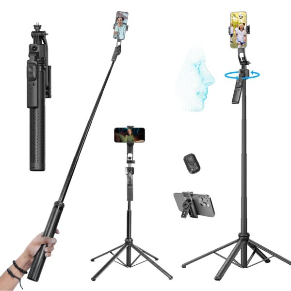 HIFFIN H8 AI-Powered 360° Auto Face Tracking Selfie Stick Tripod | 63-inch/160 cm Long Aluminium Extension Stand for Mobile & Camera | Quad-Leg Stability, Auto Rotation for Vlogging & Shooting