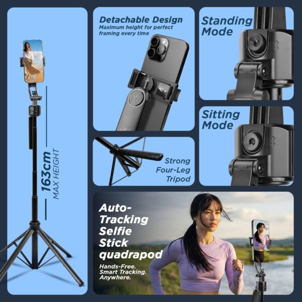 HIFFIN H8 AI-Powered 360° Auto Face Tracking Selfie Stick Tripod | 63-inch/160 cm Long Aluminium Extension Stand for Mobile & Camera | Quad-Leg Stability, Auto Rotation for Vlogging & Shooting