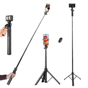 HIFFIN HST-61 Selfie Stick Tripod, 63” Professional Tripod with Wireless HIFFIN HST-61 Selfie Stick Tripod, 63” Professional Tripod with Wireless Remote, Portable Travel Tripod Stand Compatible with Smartphones & Cameras for Vlogging/Video Recording/Live Streaming