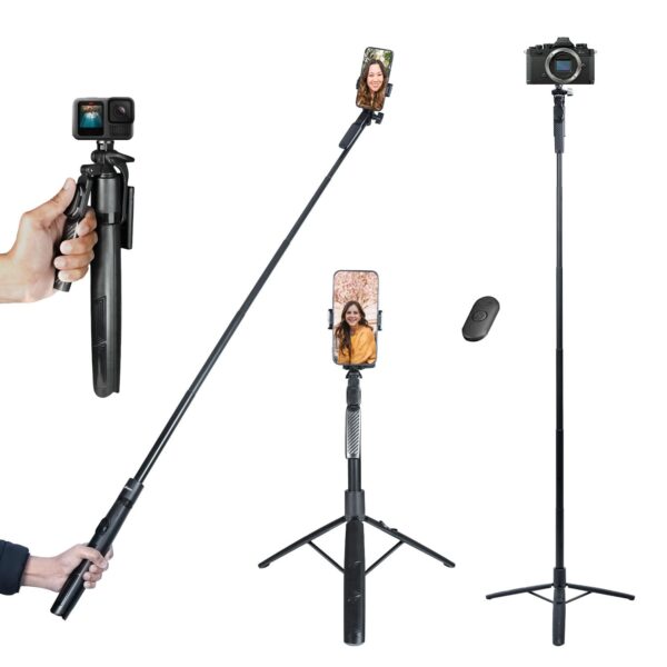 HIFFIN HST-63 Selfie Stick with Tripod Stand – 63 Inches HIFFIN HST-63 Selfie Stick with Tripod Stand – 63 Inches Ultra-Long, Tri-Leg Reinforced Stability, 360° Rotatable Handle, Detachable Bluetooth Remote – Ultimate Gear for Vlogging, Cameras.