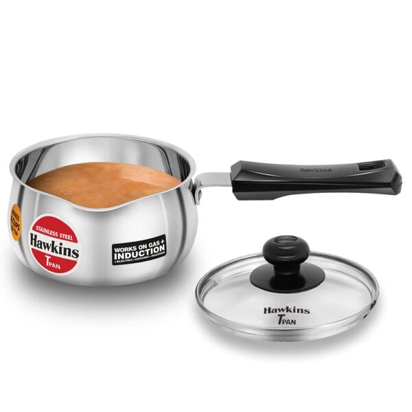 Hawkins 1 Litre Tpan, Stainless Steel Tea Pan with Glass Hawkins 1 Litre Tpan, Stainless Steel Tea Pan with Glass Lid, Induction Sauce Pan, Chai Pan, Small Pan, Silver (SST10G)