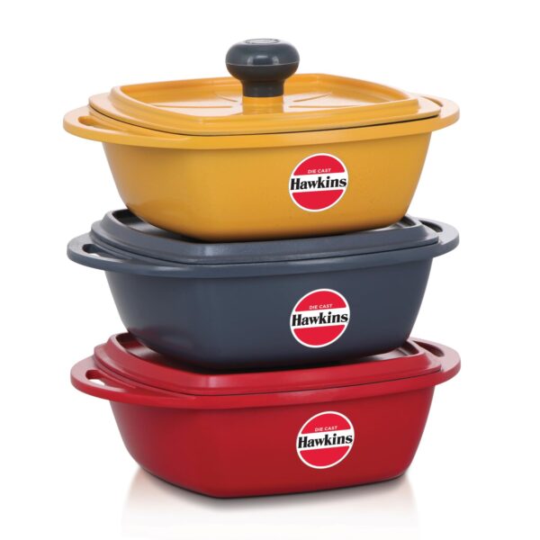 Hawkins Kitchen Gift Pack 2023 (23DGP) 3 Pieces Set of Hawkins Kitchen Gift Pack 2023 (23DGP) 3 Pieces Set of Die-Cast Square Mini Casseroles for Cooking, Reheating, Serving and Storing, Red, Yellow, Grey, 2.25 litre