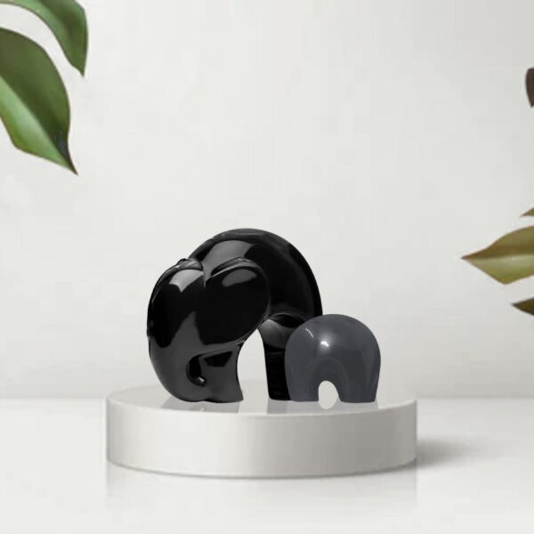 Home Décor Lucky Charm Elephant Mother & Child | Piano Finish Ceramic Figures - (Set of 2 Piece, Black and Grey)
