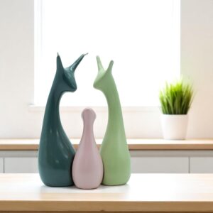 Home Decor Lucky Deer Family Statue, Ceramic Figures Showpiece, Set Home Decor Lucky Deer Family Statue, Ceramic Figures Showpiece, Set of 3 Modern Abstract Figurines for Home, Living Room, Office Decor. (Green/Light Green/Pink)