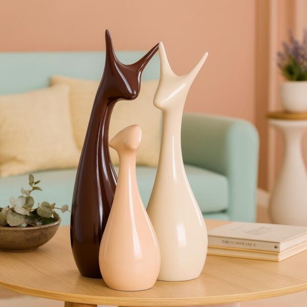 Home Decor Lucky Deer Statue Family Piano Finish Ceramic Figures - (Set of 3, Brown, Cream Color)