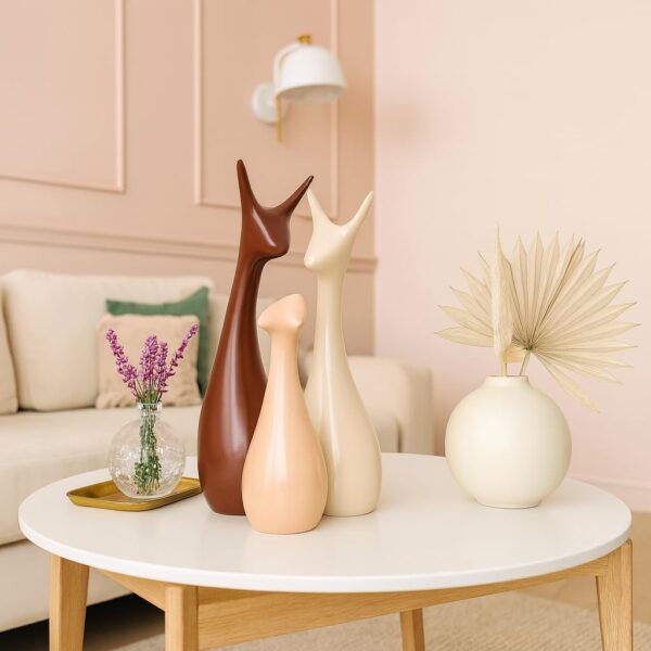 Home Decor Lucky Deer Statue Family Piano Finish Ceramic Figures - (Set of 3, Brown, Cream Color)