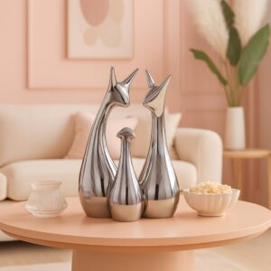 Home Decor Lucky Silver Deer Statue Family Ceramic Figures - Home Decor Lucky Silver Deer Statue Family Ceramic Figures - (Set of 3, Silver Set)