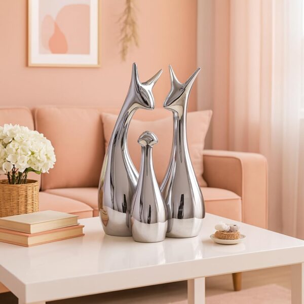 Home Decor Lucky Silver Deer Statue Family Ceramic Figures - (Set of 3, Silver Set)