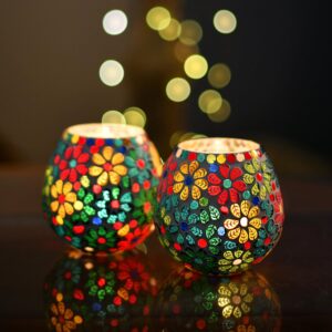 Homesake Tealight Candle Holders for Home Decor, Mosaic Glass, Flowers, Ramadan Decorations for Home, Item for Ramzan Eid Festival Home Decor Item | Pack of 2