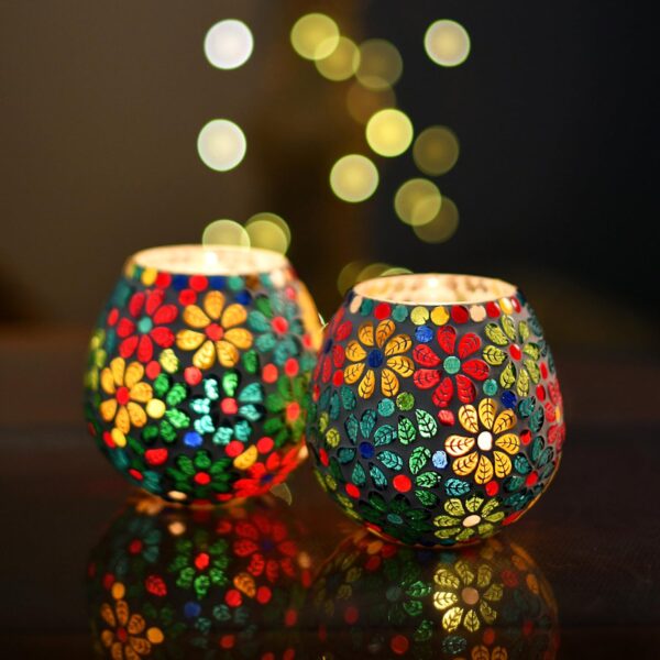 Homesake Tealight Candle Holders for Home Decor, Mosaic Glass, Flowers, Ramadan Decorations for Home, Item for Ramzan Eid Festival Home Decor Item | Pack of 2