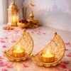 Homesake® Crystal Handcrafted Moon Shaped Tea Light Candle Holder for Home Décor Table Top Living Room for Ramzan, Festive Decorative, Ramadan Decorations for Home, Gifts Items, (Golden, Set of 2)