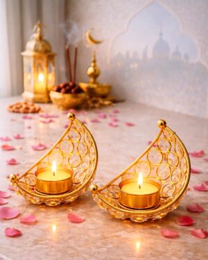 Homesake® Crystal Handcrafted Moon Shaped Tea Light Candle Holder for Home Décor Table Top Living Room for Ramzan, Festive Decorative, Ramadan Decorations for Home, Gifts Items, (Golden, Set of 2)