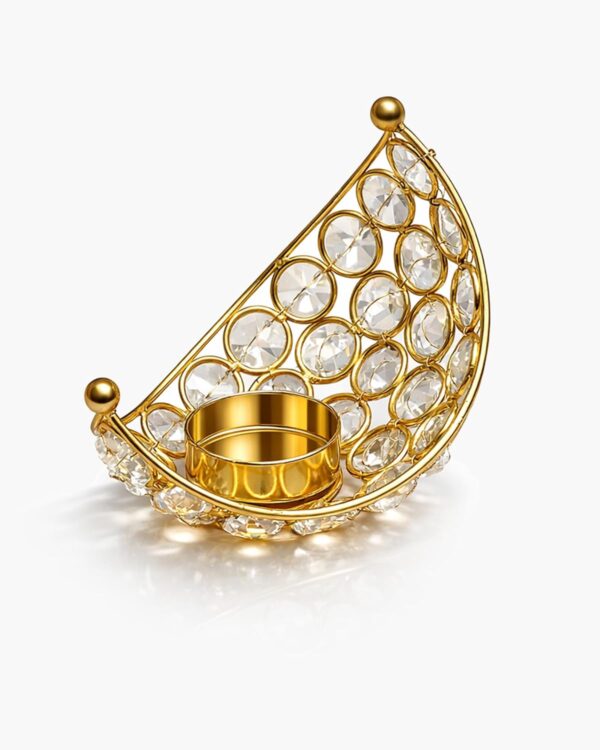 Homesake® Crystal Handcrafted Moon Shaped Tea Light Candle Holder for Home Décor Table Top Living Room for Ramzan, Festive Decorative, Ramadan Decorations for Home, Gifts Items, (Golden, Set of 2)