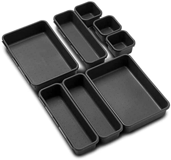 INOVERA (LABEL) 8 Pieces Cutlery Tray for Kitchen Drawers - INOVERA (LABEL) 8 Pieces Cutlery Tray for Kitchen Drawers - Interlocking Drawer Desk Organizer - Plastic Divider Trays (Dark Grey)