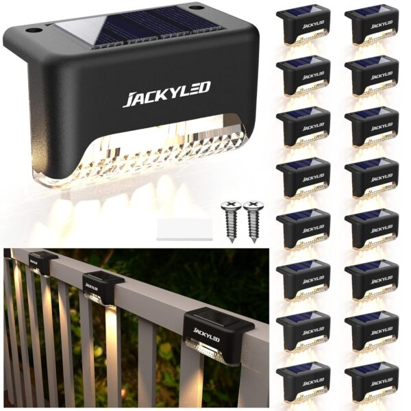 JACKYLED 16 Pack, Step Lights Waterproof LED Solar Power Outdoor Fence Light for Deck Stair Railing, Outside Lighting for Wall Garden Backyard Patio Balcony Decor, ABS, White, 79 x 43 x 48 mm