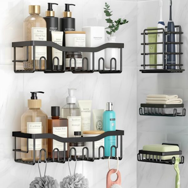 JD FRESH 5 in 1 Self Adhesive Bathroom Shelf Combo/Bathroom Organiser Without Drill/Metal Rust-Proof Strong Adhesive Wall Shelves/Soap Holder with Tooth Brush Holder/Multipurpose Storage Rack (Black)