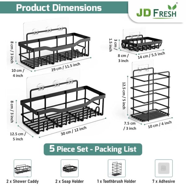JD FRESH 5 in 1 Self Adhesive Bathroom Shelf Combo/Bathroom Organiser Without Drill/Metal Rust-Proof Strong Adhesive Wall Shelves/Soap Holder with Tooth Brush Holder/Multipurpose Storage Rack (Black)