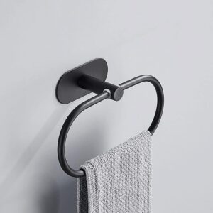 JIALTO 1 PCS Self Adhesive Towel Ring Matte Black, Oval Shaped Modern Hand Towel Holder, Stainless Steel Adhesive Hand Towel Hanger for Bathroom & Kithen Wall Mount (No Drilling) (Black)