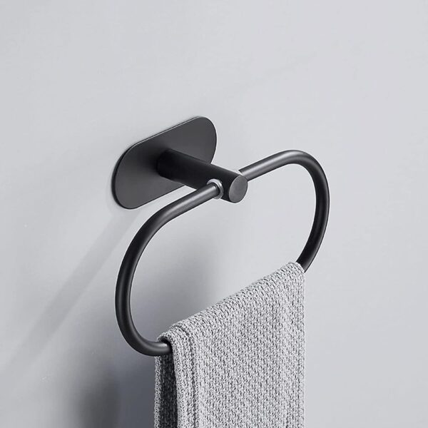 JIALTO 1 PCS Self Adhesive Towel Ring Matte Black, Oval Shaped Modern Hand Towel Holder, Stainless Steel Adhesive Hand Towel Hanger for Bathroom & Kithen Wall Mount (No Drilling) (Black)