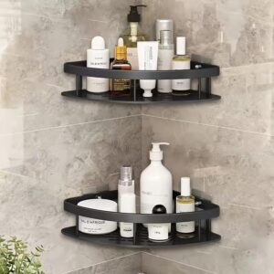 JIALTO 2 PCS Aluminum Bathroom Corner Shelf for Wall,rustproof, Nail-Free, JIALTO 2 PCS Aluminum Bathroom Corner Shelf for Wall,rustproof, Nail-Free, No Drilling Organizer Holder, Bathroom Shelf for Wall Stand for Corner Holder, Washroom & Bathroom Accessories (Black)