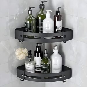JIALTO 2 Pcs Racks for Bathroom Corner Adhesive Shelf- Wall Corner Stand- Corner Stand and Rack Without Drilling- Bathroom Storage Organizer- Accessories and Storage Rack (Black)