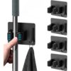 JIALTO 4 Pcs Adhesive Mop Holder and Broom Holder Wall Mounted Stainless Steel | Heavy Duty Mop & Broom Organizer with Hooks | Adhesive Storage Rack for Kitchen, Bathroom & Garage (Black, 4)