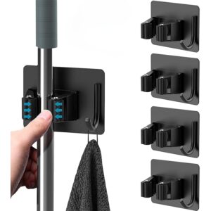 JIALTO 4 Pcs Adhesive Mop Holder and Broom Holder Wall Mounted Stainless Steel | Heavy Duty Mop & Broom Organizer with Hooks | Adhesive Storage Rack for Kitchen, Bathroom & Garage (Black, 4)