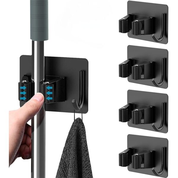 JIALTO 4 Pcs Adhesive Mop Holder and Broom Holder Wall Mounted Stainless Steel | Heavy Duty Mop & Broom Organizer with Hooks | Adhesive Storage Rack for Kitchen, Bathroom & Garage (Black, 4)