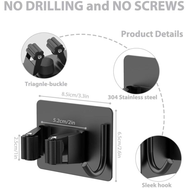 JIALTO 4 Pcs Adhesive Mop Holder and Broom Holder Wall Mounted Stainless Steel | Heavy Duty Mop & Broom Organizer with Hooks | Adhesive Storage Rack for Kitchen, Bathroom & Garage (Black, 4)