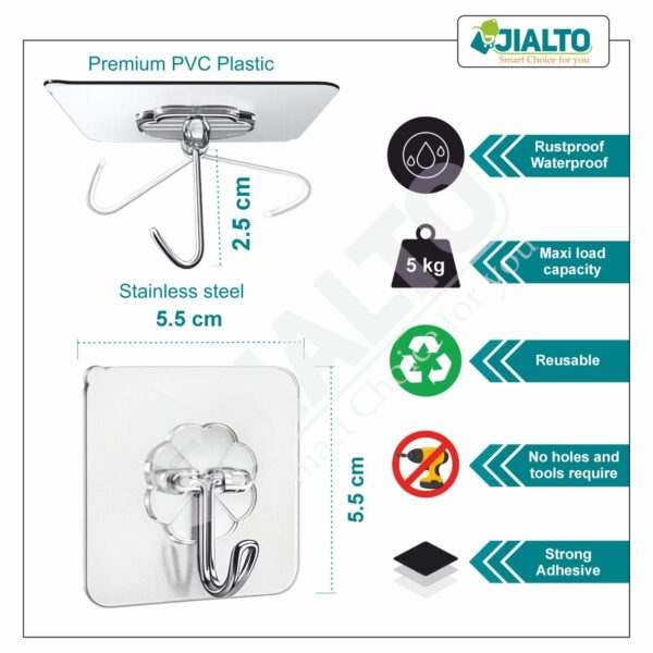 JIALTO Adhesive Hooks 10 Pcs – Heavy Duty 5 Kg Nail-Free Wall Hooks, Reusable Stainless Steel Sticky Hangers for Kitchen Bathroom Towels, Utility, Ceiling, Multipurpose Home Organization