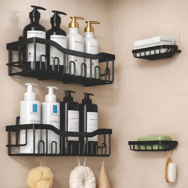 JIALTO Bathroom Storage Organizer Set 4 -in-1 Self-Adhesive Wall Mount JIALTO Bathroom Storage Organizer Set 4 -in-1 Self-Adhesive Wall Mount Shelves with Soap Holder, No Drill Bathroom Shelves | Bathroom Adhesive Shelf | Bathroom Corner Shelf Rack (Black)