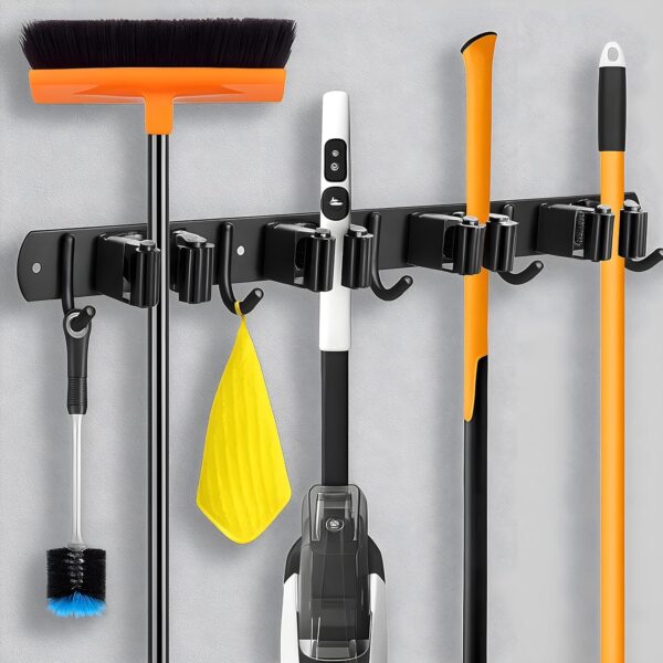JIALTO Broom Holder and Mop Organizer | Mop Holder For Wall Without Drilling with 4 Slots and 5 Hooks for Kitchen, Garage, Garden, and Utility | Space Saving Cleaning Tool Organizer (Black)