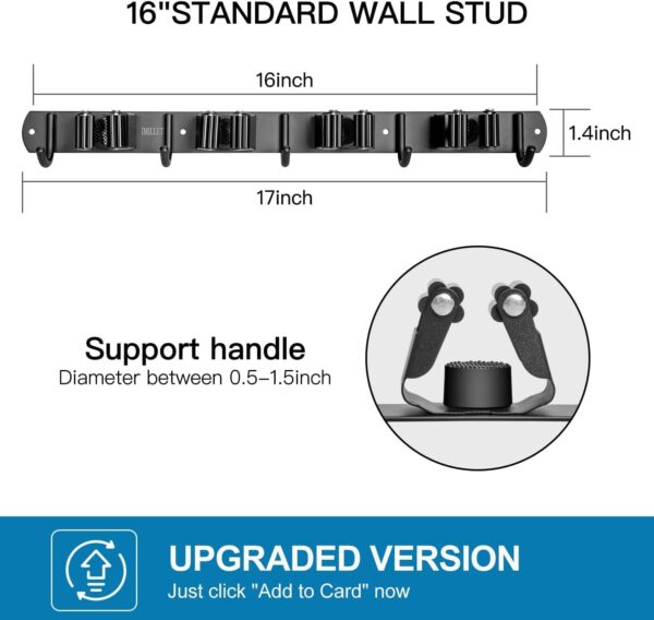 JIALTO Broom Holder and Mop Organizer | Mop Holder For Wall Without Drilling with 4 Slots and 5 Hooks for Kitchen, Garage, Garden, and Utility | Space Saving Cleaning Tool Organizer (Black)