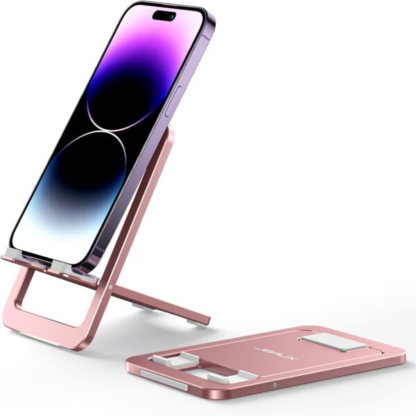 JSAUX Universal Mobile Stand for Desk, Foldable Aluminum Adjustable Phone Stand for Desk Smart Gadgets, Mobile Holder for Home Compatible for iPhone 16/15/14 Pro Max, Galaxy S25/S24/S23, Pink
