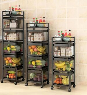 KWER Metal Kitchen Trolley Square Onion Baskets for Storage,Kitchen Accessories KWER Metal Kitchen Trolley Square Onion Baskets for Storage,Kitchen Accessories Items&Vegetable Basket for Kitchen Organizer Items&Storage Portable Kitchen Accessories with Wheels(Black,Layer-3)
