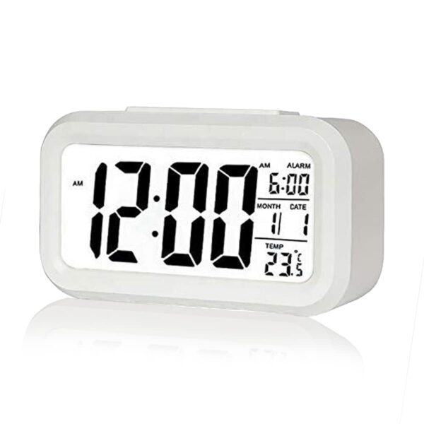 Kadio Digital Alarm Clock,Battery Operated Small Desk Clocks,with Date,Indoor Temperature,Smart Night Light,LCD Electronic Clock for Bedroom Home Office - White (KDwhite)