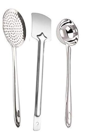 Kanshita's Rasoiware Stainless Steel 3-Piece Cooking Spoons Set – Includes Kanshita's Rasoiware Stainless Steel 3-Piece Cooking Spoons Set – Includes Ladle, Turner & Skimmer | Essential Kitchen Utensil Set for Home Cooking
