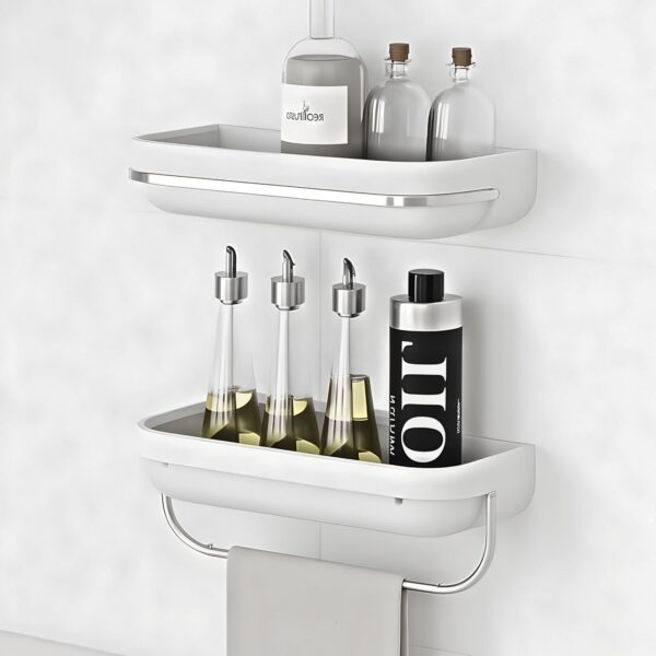 KiZY Self Adhesive Luxury Bathroom Shelf, Kitchen Storage Rack, Bathroom KiZY Self Adhesive Luxury Bathroom Shelf, Kitchen Storage Rack, Bathroom Organizer, No Drill Require, Stuurdy and Durable. (White Pack of 2, for Flat Wall)