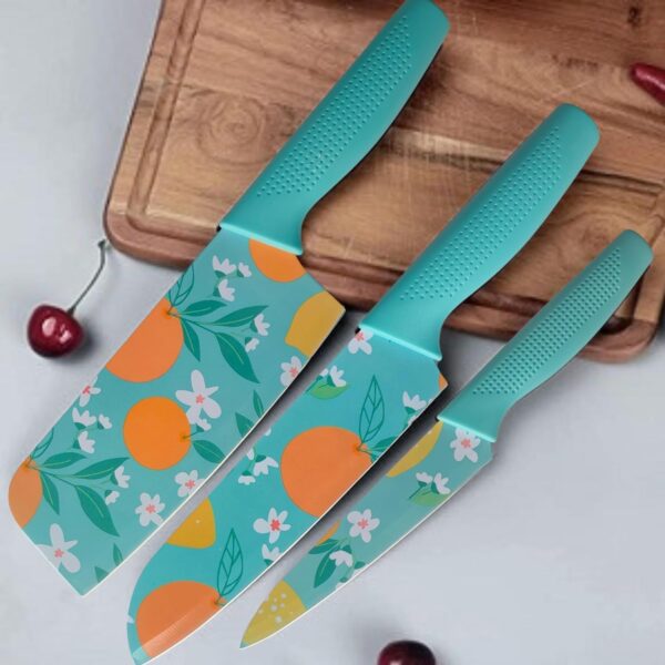 Kitchen Knife Set of 3 – Stainless Steel Chef, Paring & Butcher Knives | Ultra Sharp, Rust-Resistant Blades with Printed Design | Multipurpose Cooking Knife Set for Home & Restaurant Use