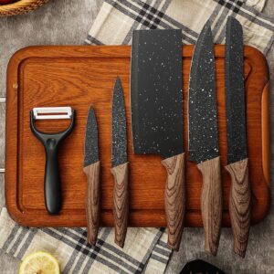 Kitchen Knife Set of 6Pcs, Marble Coated Professional Knife, Butcher Knife, Chef Knife, Paring Knife, Utility Knife, Bread Knife and Peeler with Non-Slip Handle, Ideal for Kitchen & Restaurant