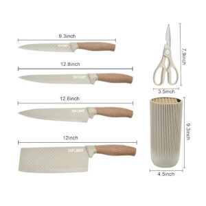 Kitchen Knife Set with Block, 6 Pieces, Stainless Steel Blades, Wooden Finish Handle, Includes Chef, Utility Knife, Cleaver, Paring Knife, Kitchen Scissors