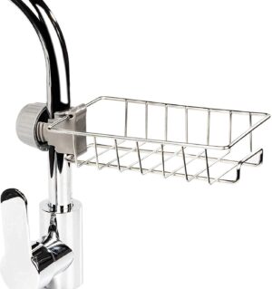 Kitchen Sink Faucet Sponge Holder Caddy Organizer Over, Stainless Steel Heavy Duty Thickening Hanging Drain Rack for scrubbers, soap, Bathroom, Detachable no Suction Cup Bathroom soap Holder