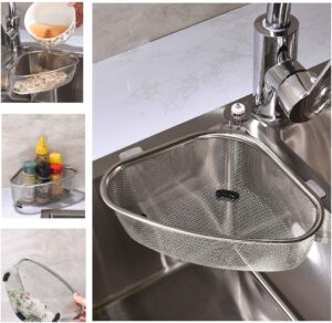 Kitchen Triangle Sink Strainer, Stainless Steel Corner Sink Basket, Multifunction Kitchen Triangle Sink Strainer, Stainless Steel Corner Sink Basket, Multifunction Drain Filter for Food Waste, Fruits, Vegetables & Sponge Storage