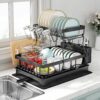 Kitstorack 2 Tier Dish Drainer Rack for Kitchen Counter, Stainless Kitstorack 2 Tier Dish Drainer Rack for Kitchen Counter, Stainless Steel With Swivel Drainage Spout, Utensil and Cup Holders, Cutting-Board Holder and Drying Mat