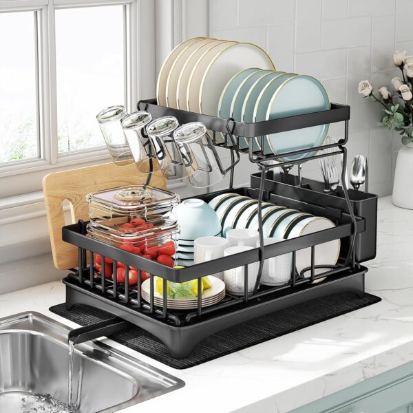 Kitstorack 2 Tier Dish Drainer Rack for Kitchen Counter, Stainless Kitstorack 2 Tier Dish Drainer Rack for Kitchen Counter, Stainless Steel With Swivel Drainage Spout, Utensil and Cup Holders, Cutting-Board Holder and Drying Mat