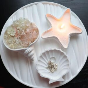 Kitty Cat® Aesthetic Concrete Trinket Tray Set of 3 – Starfish, Conch & Shell | Handmade Off-White Jewelry Dish, Vanity Tray, Makeup Organizer, Candle Holder, Key Bowl & Home Décor Accent