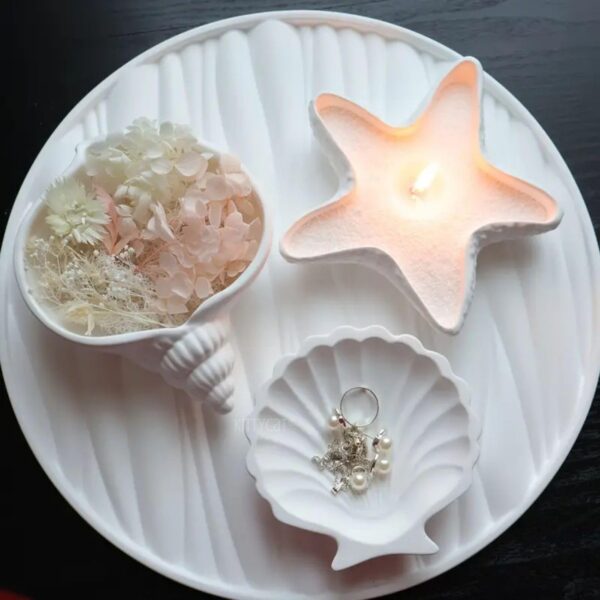 Kitty Cat® Aesthetic Concrete Trinket Tray Set of 3 – Starfish, Conch & Shell | Handmade Off-White Jewelry Dish, Vanity Tray, Makeup Organizer, Candle Holder, Key Bowl & Home Décor Accent
