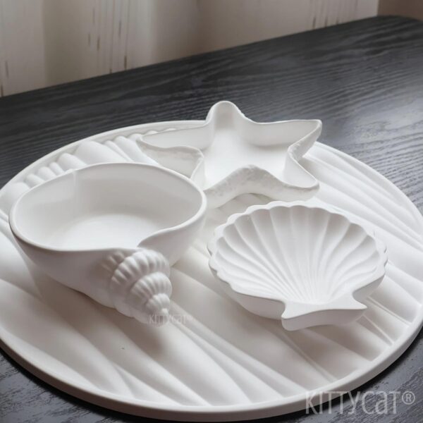 Kitty Cat® Aesthetic Concrete Trinket Tray Set of 3 – Starfish, Conch & Shell | Handmade Off-White Jewelry Dish, Vanity Tray, Makeup Organizer, Candle Holder, Key Bowl & Home Décor Accent