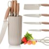 Knife Set for Kitchen with Stand,6 Pcs Kitchen Knives Set,4 Knife Set for Kitchen with Stand,6 Pcs Kitchen Knives Set,4 Knives, 1 Scissor, 1 Stand, High Carbon Stainless Steel (Khaki)
